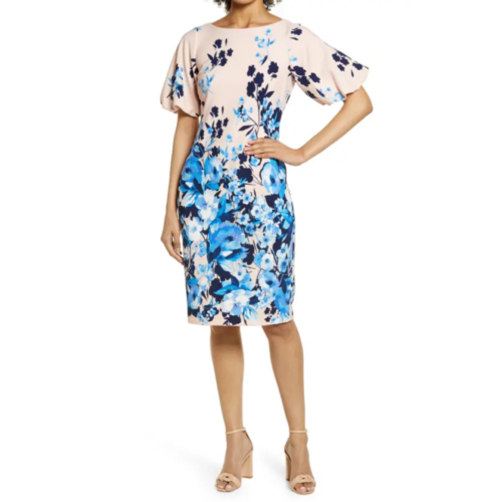 Eliza J Bubble Sleeve Floral Sheath Dress Blush/Blue